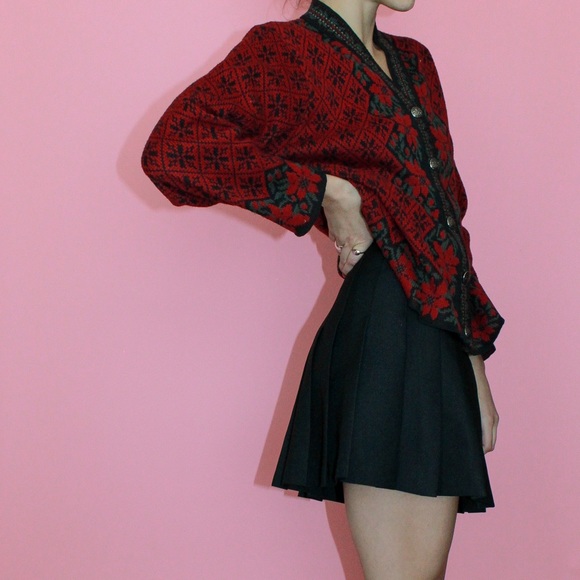 VTG 90s Red/Black Nordic Style Holiday Button-Up Cardigan Sweater Size Small - Picture 3 of 10